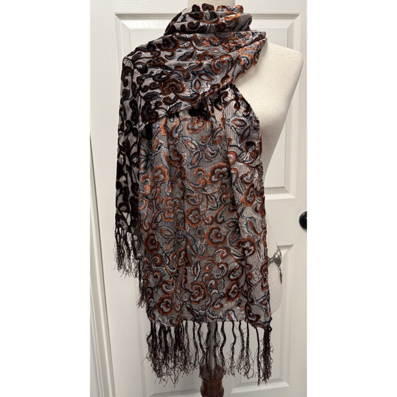 Silk Burnout Velvet Satin Floral Scarf Black Brown Fringe 20 X 68 Inch - Picture 9 of 11